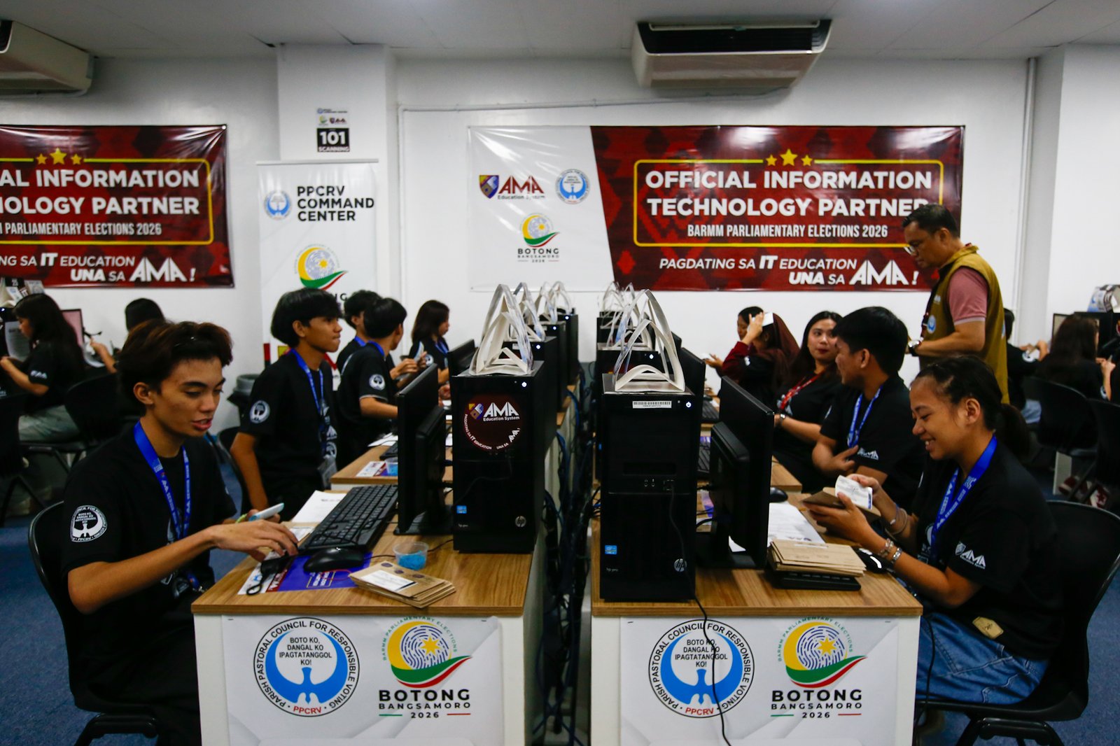 Volunteers scan and verify election returns from various precincts following the September 14 Bangsamoro Parliamentary elections at the PPCRV Command Center in Makati on 18 September 2026. The elected ministers will be replacing the 80-member parliament once the interim parliament ends in October.