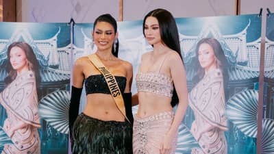 2026 Miss Grand International Philippines Angelica Lopez wearing the Philippine sash with reigning Miss Grand International Emma Tiglao