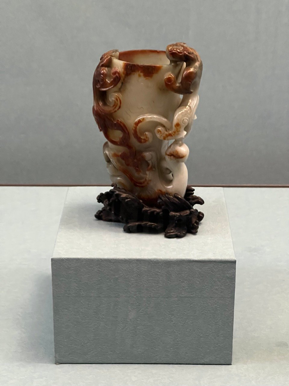 BROWN-coated Jade Gong Vessel with Relief of Coiling Chi Tigers. Late Ming to Early Qing Dynasties 1522-1735 CE.