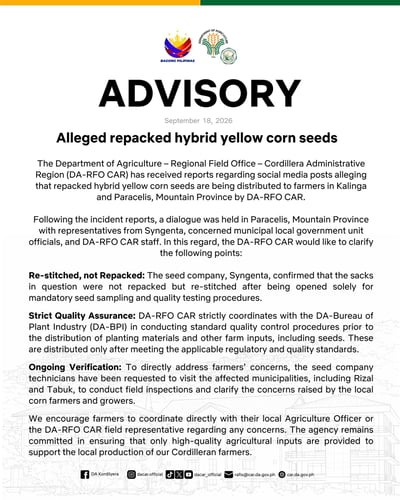 Department of Agriculture clarifies hybrid corn seed distribution in Cordillera