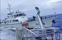 A screengrab shows China Coast Guard vessel CCG-21585 ramming the BRP Datu Magat Salamat during a Friday encounter at sea.