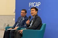 TRADE Undersecretary Ceferino “Perry” Rodolfo (left) and Bases Conversion and Development Authority (BCDA) President Engr. Joshua Bingcang speak at a forum organized by Foreign Correspondents Association of the Philippines on Monday in Bonifacio Global City.