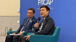 TRADE Undersecretary Ceferino “Perry” Rodolfo (left) and Bases Conversion and Development Authority (BCDA) President Engr. Joshua Bingcang speak at a forum organized by Foreign Correspondents Association of the Philippines on Monday in Bonifacio Global City.