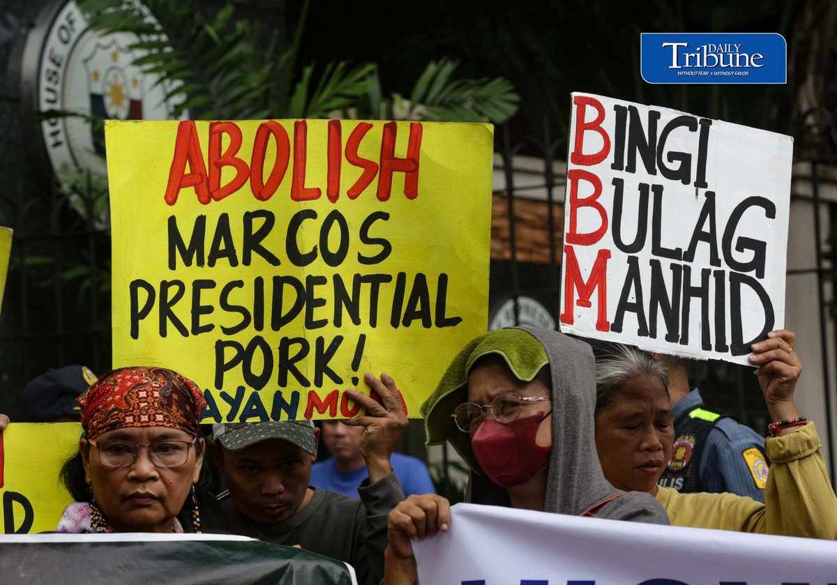 (September 23 2026) Militant groups hold a picket outside the House of Representatives in Quezon City on Wednesday, September 23, 2026, to condemn the railroading of the budget of the office of the President which highlights the malicious collusion of Malacanang and congress in embedding pork barrel and other anomalous items in the 2027 general appropriations bill. The House plenary was expected to tackle and approve the proposed budget despite calls from the groups for greater scrutiny of confidential funds and other allocations for the Office of the President. Photo/Analy Labor