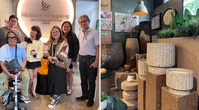 Left: Designer Tony Gonzales and mentees Jim Zarate, Uzel Alconera, and Deya Tsyna pose with CITEM Project Officer Dana Anaya and Nature’s Legacy President and CEO Pete Delantar; Right: Products made of Naturescast, an award-winning, B-Corp certified sustainable, biodegradable material developed by Nature’s Legacy.