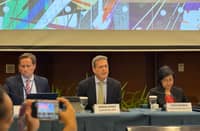 FROM left to right: John Beirne, ADB principal economist; Andrew Jeffries, ADB Country Director; and Teresa Mendoza, ADB principal economics officer