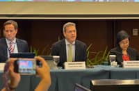 ASIAN Development Bank officials (from left) John Beirne, ADB principal economist; Andrew Jeffries, ADB country director; and Teresa Mendoza, ADB principal economics officer presented the bank’s latest (September) Asian Development Outlook at the ADB headquarters in Mandaluyong City on Wednesday morning.