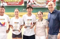 KATHLYN Bugna (second from left) beams as she poses with (from left) coach Ronald Martin, fellow MVP Krelz Gecosala, and Lia and Erwin Garcia of A.C. Garcia Group of Companies after winning three titles in the Bagong Pilipinas Juniors Age Group Tennis Championships.