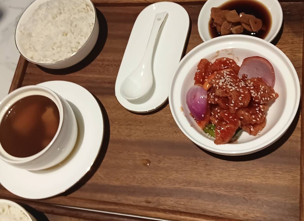 SWEET AND SAVORY. 18 Jade’s Mango Sweet & Sour Pork Set combines pork belly, mango, red onion and bell peppers in a sweet-and-sour sauce, served with rice, a radish appetizer and chicken broth soup.