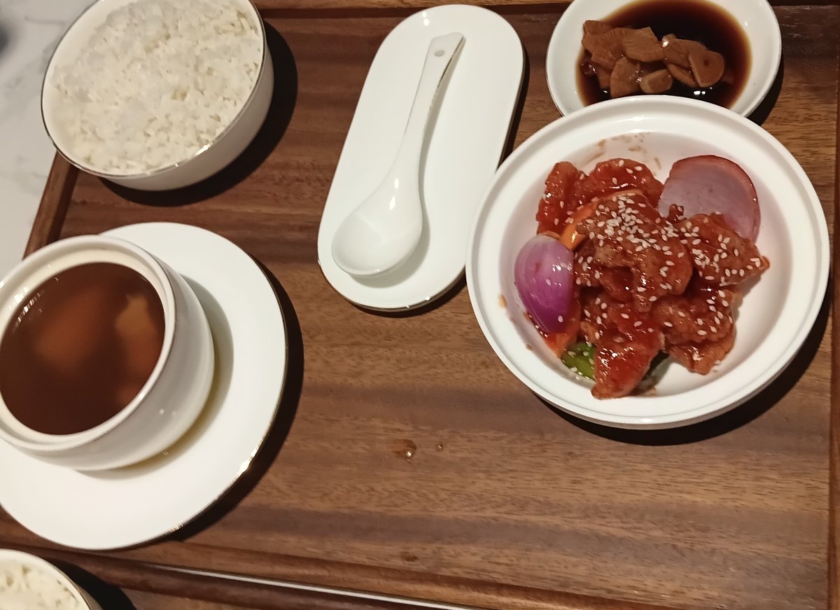 SWEET AND SAVORY. 18 Jade’s Mango Sweet & Sour Pork Set combines pork belly, mango, red onion and bell peppers in a sweet-and-sour sauce, served with rice, a radish appetizer and chicken broth soup.