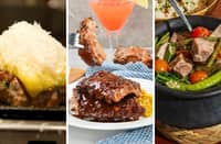 A SERVING of Chili’s signature ribs is featured as the restaurant opens its first Iloilo branch (left), a Japanese beef hamburg steak topped with melted cheese is served at Niku Niku Oh!! Kome (middle) and a spread of Filipino dishes is featured at George & Onnie’s.