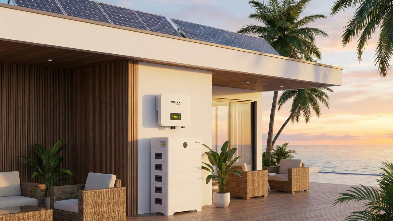 A residential solar setup combines photovoltaic panels with an inverter and battery storage system to manage electricity generated from sunlight.