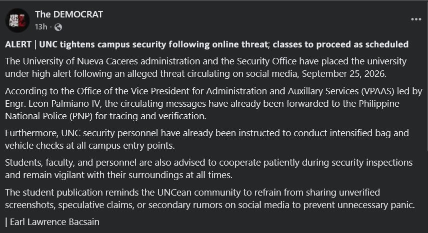 Advisory against school shooting threat in Naga City by the Democrat
