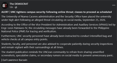 Online shooting threat triggers class suspensions in Naga City, Pili