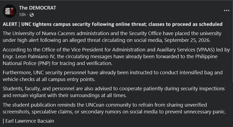 Advisory against school shooting threat in Naga City by the Democrat