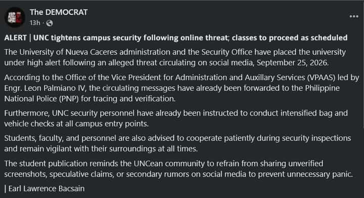 Advisory against school shooting threat in Naga City by the Democrat