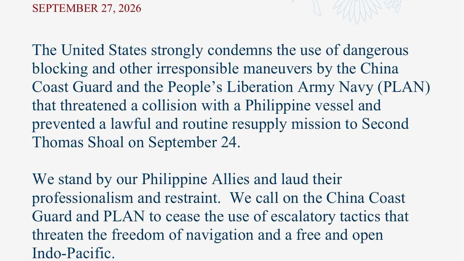 US condemns China’s interference in Ayungin resupply mission