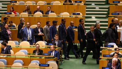People walk out of Israeli Prime Minister Benjamin Netanyahu speech at The 80th session of The United Nations General Assembly (UNGA) on September 26, 2025 in New York City. This year’s theme for the annual global meeting is:“Better together: 80 years and more for peace, development and human rights.”