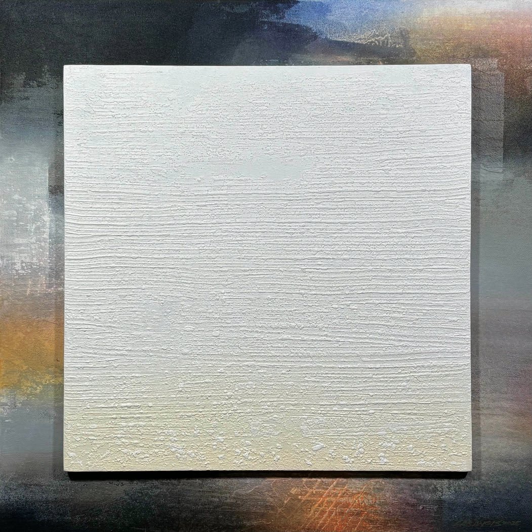 ‘BETWEEN Two Horizons I — Stillness,’ acrylic on canvas, 24 in x 24 in 2026.