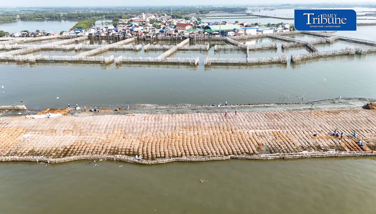 NATURE-BASED DEFENSE VS FLOODING, EROSION
An aerial view shows the Philippines’ first nature-based coastal protection pilot project in Barangay Pamarawan, Malolos City, Bulacan, on Tuesday, 29 September 2026.
The project uses interlocking bamboo frames and cribbing to reduce wave energy and trap sediments along the shoreline, while oyster bags and sediment traps help raise the seabed and support oyster reef recovery and aquatic habitats.
The initiative was developed by Dutch engineering firm Haskoning in partnership with the Malolos City government. | Analy Labor