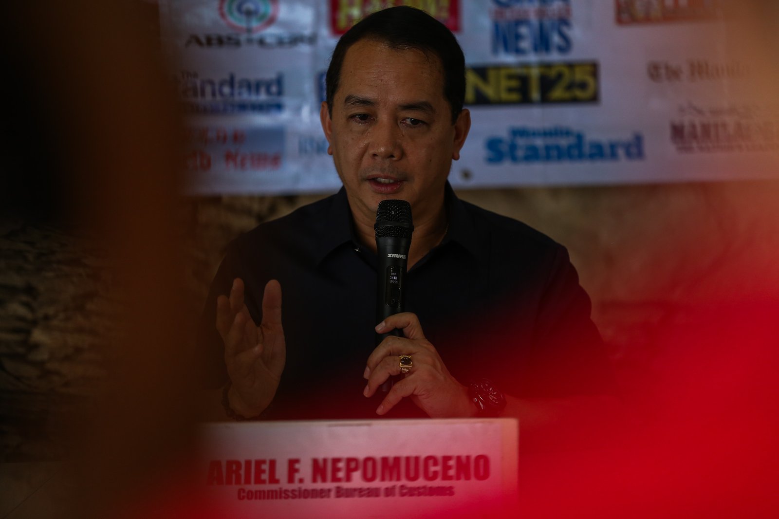 Bureau of Customs (BOC) Commissioner Ariel Nepomuceno discusses the bureau’s gains and challenges in raising revenues during a press briefing in Manila on 29 September 2026. The BOC recently filed criminal cases against individuals allegedly involved in agricultural smuggling.