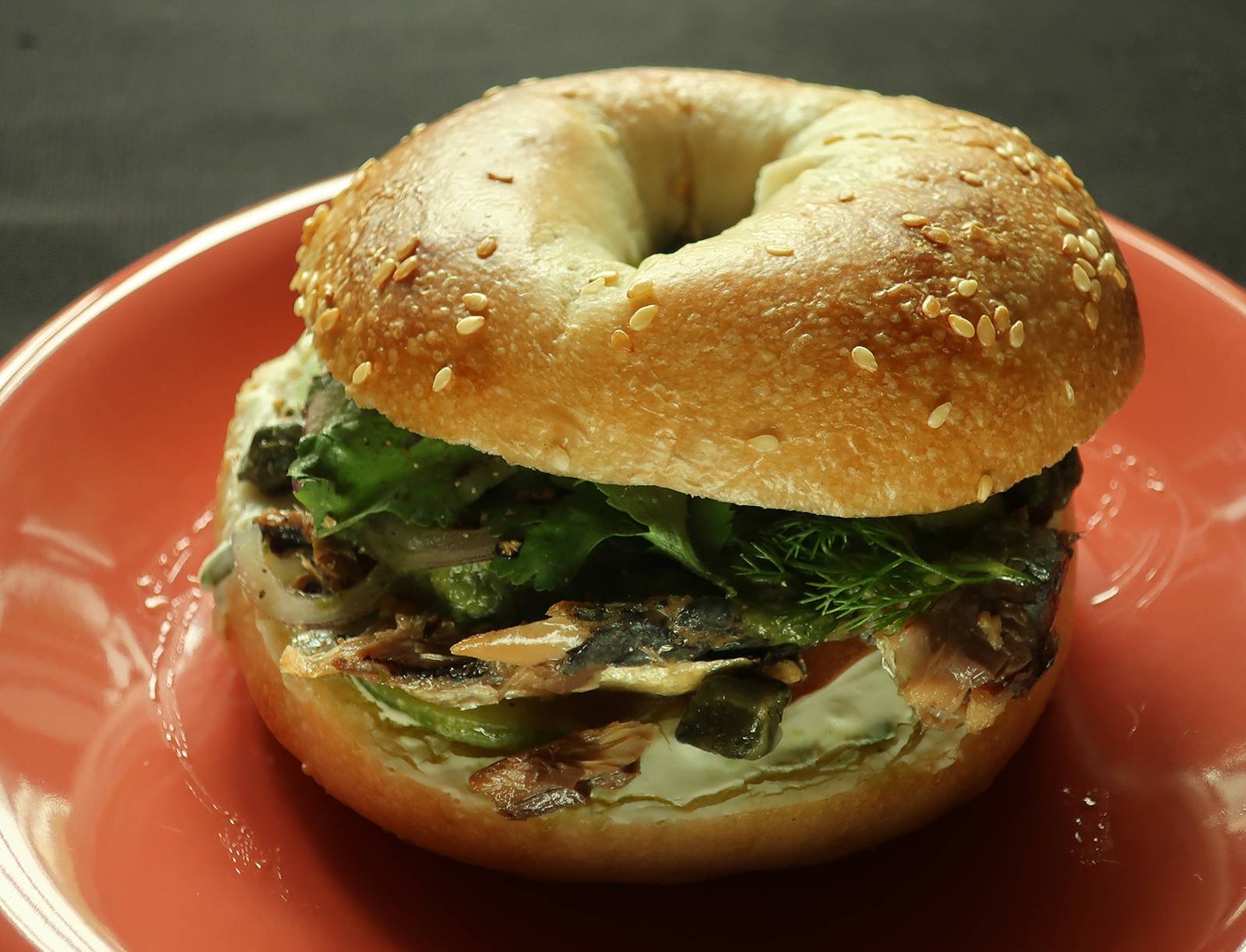 SPANISH Sardines and Pesto Bagel.