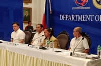 Usec. Nicholas Felix L. Ty, Justice Secretary Frederick Vida, Mary Jane Veloso and NUPL lawyer Edre Olalia during a press conference Thursday morning at DOJ. Alvin Murcia