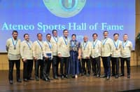 FORMER Asian Games medalist Margarita Bonifacio-Morfe (center) lead the latest inductees to the Ateneo Sports Hall of Fame during their enshrinement rites on Sunday.