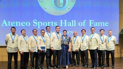 FORMER Asian Games medalist Margarita Bonifacio-Morfe (center) lead the latest inductees to the Ateneo Sports Hall of Fame during their enshrinement rites on Sunday.