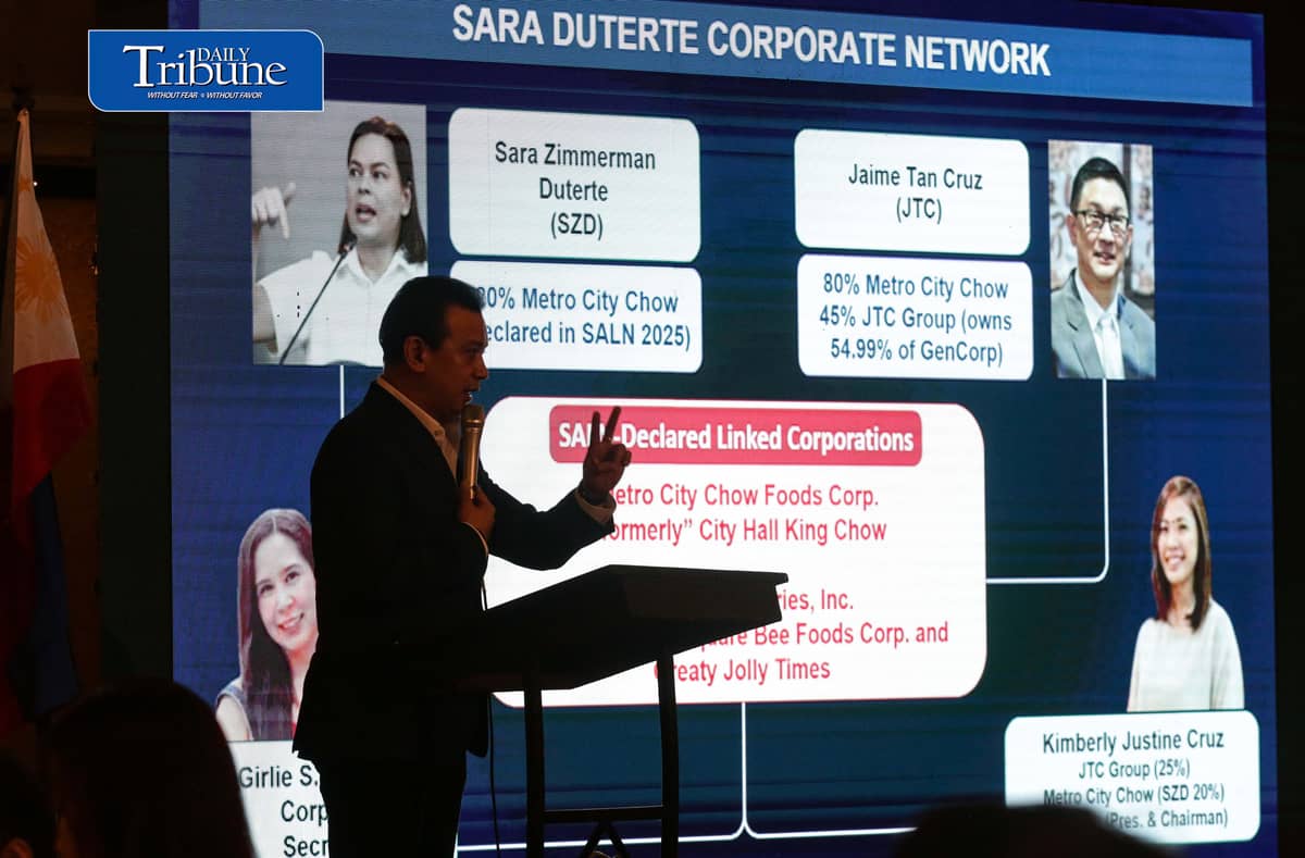 TRILLANES PRESENTS ALLEGED DUTERTE MONEY TRAIL
Former senator Antonio “Sonny” Trillanes IV holds a press conference at Club Filipino in San Juan City on Friday, 2 October, where he presented alleged financial transactions involving Vice President Sara Duterte, Davao City Rep. Paolo Duterte, Davao City Mayor Sebastian Duterte and businessman Sammy Uy. 

Trillanes also alleged that a company linked to Sara Duterte’s husband, Manases Carpio, received more than ₱319 million from the Chinese government and Chinese corporations. The allegations have yet to be established in court.
| Analy Labor