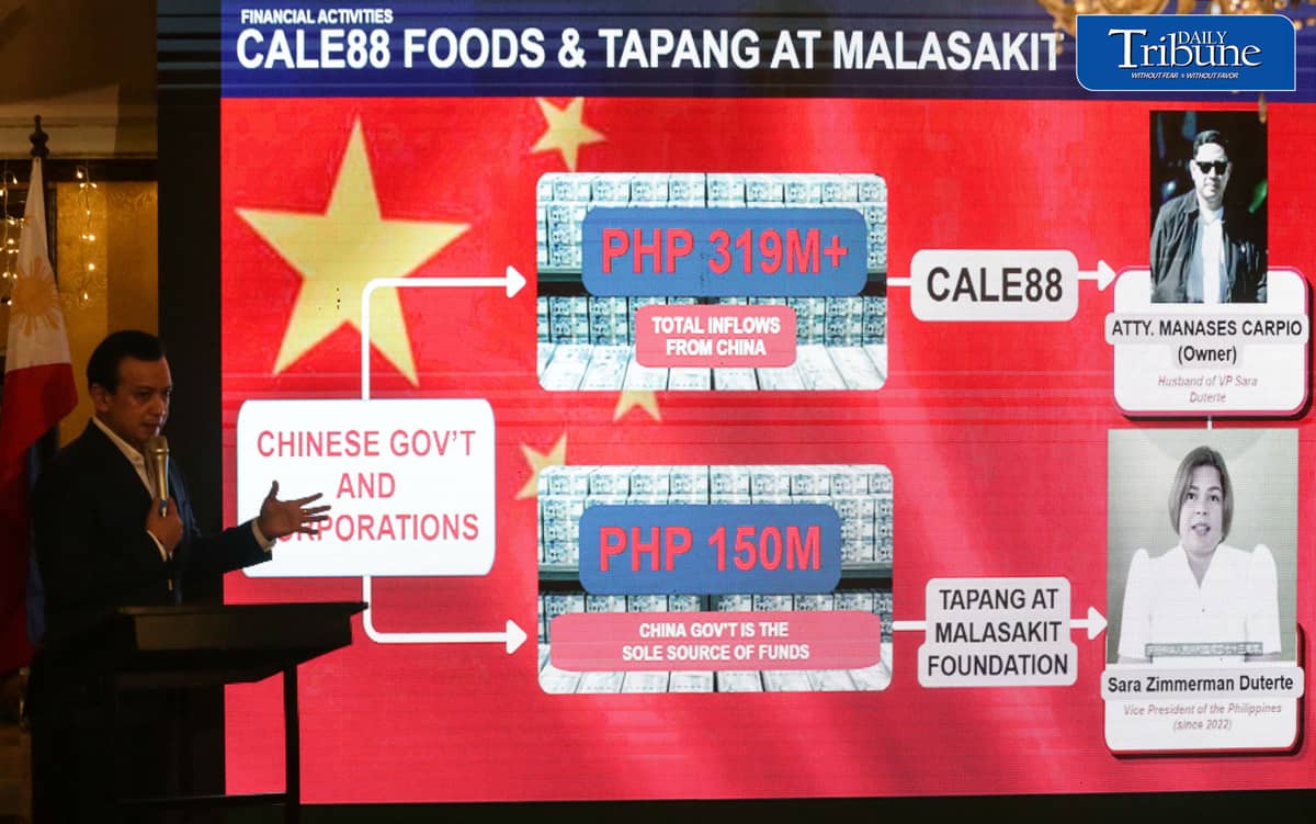 TRILLANES PRESENTS ALLEGED DUTERTE MONEY TRAIL
Former senator Antonio “Sonny” Trillanes IV holds a press conference at Club Filipino in San Juan City on Friday, 2 October, where he presented alleged financial transactions involving Vice President Sara Duterte, Davao City Rep. Paolo Duterte, Davao City Mayor Sebastian Duterte and businessman Sammy Uy. 

Trillanes also alleged that a company linked to Sara Duterte’s husband, Manases Carpio, received more than ₱319 million from the Chinese government and Chinese corporations. The allegations have yet to be established in court.
| Analy Labor