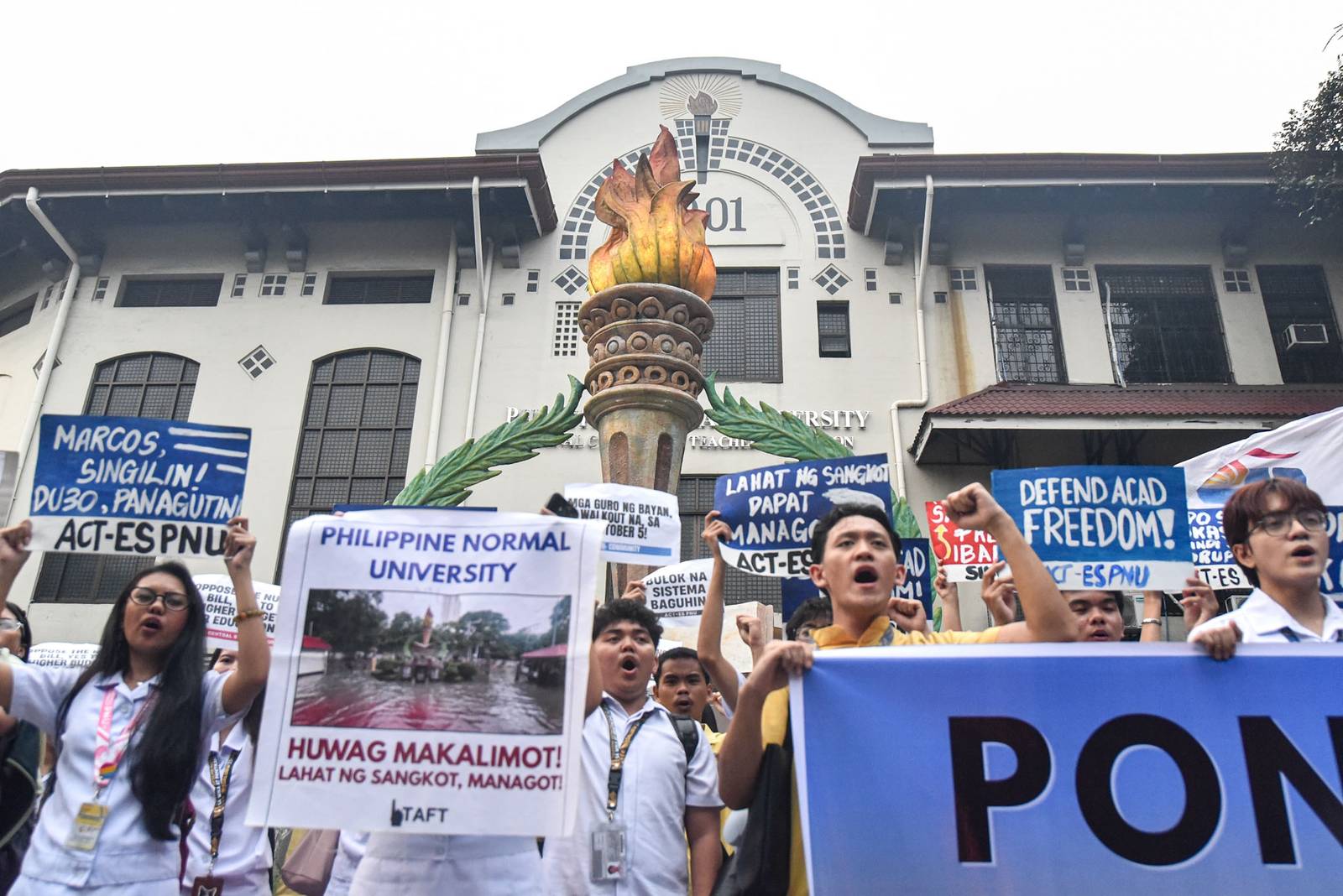 Student-teachers from progressive groups at the Philippine Normal University (PNU) call on the university administration and the Marcos Jr. government to provide livable wages for teachers and oppose budget cuts that they say affect student welfare during a protest in Manila on October 2.

The student-teachers are set to hold a walkout on October 5 in observance of World Teachers’ Day. l Zedrich Xylak Madrid