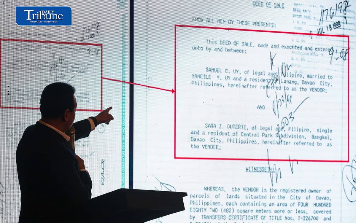 TRILLANES PRESENTS ALLEGED DUTERTE MONEY TRAIL
Former senator Antonio “Sonny” Trillanes IV holds a press conference at Club Filipino in San Juan City on Friday, 2 October, where he presented alleged financial transactions involving Vice President Sara Duterte, Davao City Rep. Paolo Duterte, Davao City Mayor Sebastian Duterte and businessman Sammy Uy. 

Trillanes also alleged that a company linked to Sara Duterte’s husband, Manases Carpio, received more than ₱319 million from the Chinese government and Chinese corporations. The allegations have yet to be established in court.
| Analy Labor