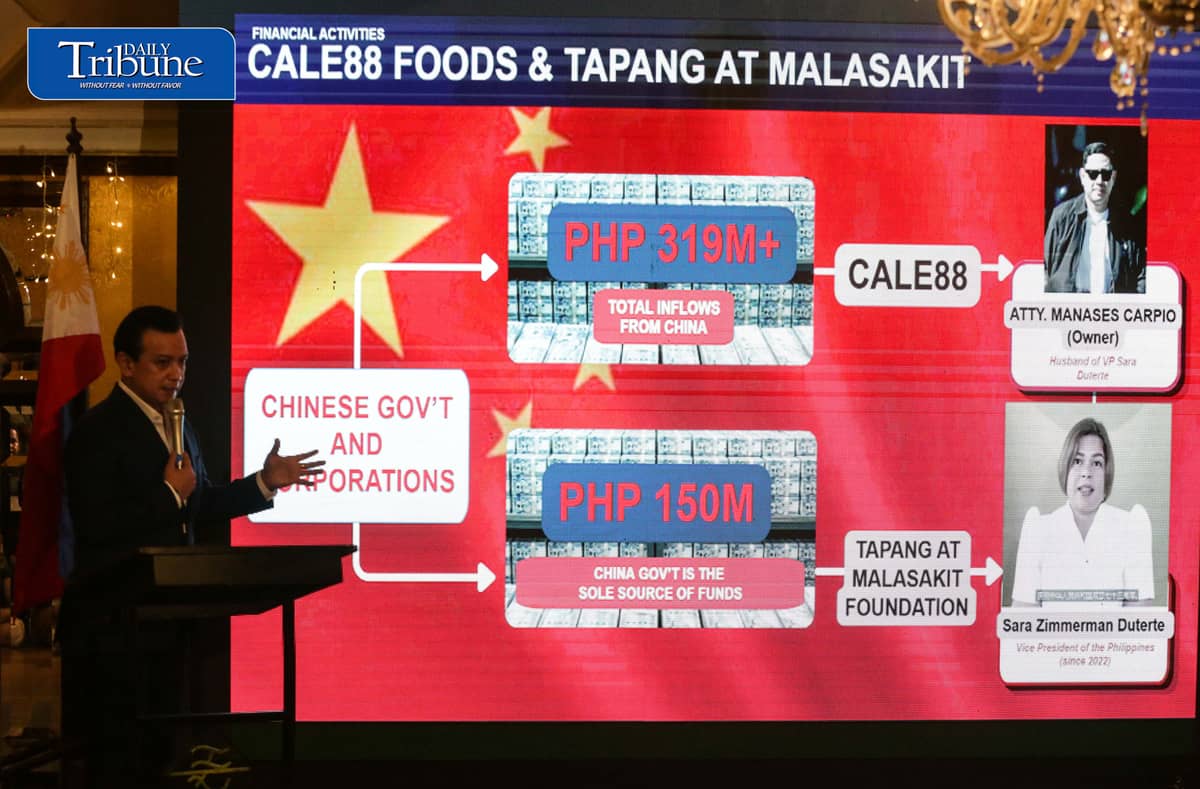 TRILLANES PRESENTS ALLEGED DUTERTE MONEY TRAIL
Former senator Antonio “Sonny” Trillanes IV holds a press conference at Club Filipino in San Juan City on Friday, 2 October, where he presented alleged financial transactions involving Vice President Sara Duterte, Davao City Rep. Paolo Duterte, Davao City Mayor Sebastian Duterte and businessman Sammy Uy. 

Trillanes also alleged that a company linked to Sara Duterte’s husband, Manases Carpio, received more than ₱319 million from the Chinese government and Chinese corporations. The allegations have yet to be established in court.
| Analy Labor