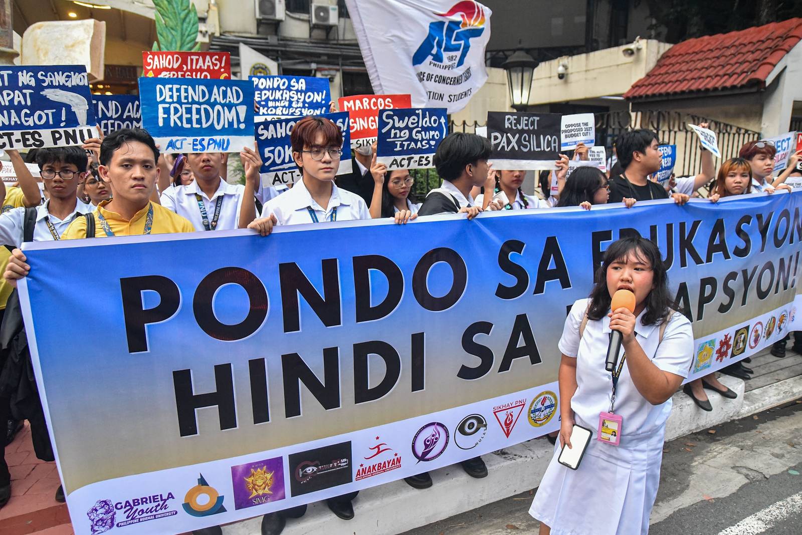 Student-teachers from progressive groups at the Philippine Normal University (PNU) call on the university administration and the Marcos Jr. government to provide livable wages for teachers and oppose budget cuts that they say affect student welfare during a protest in Manila on October 2.

The student-teachers are set to hold a walkout on October 5 in observance of World Teachers’ Day. l Zedrich Xylak Madrid