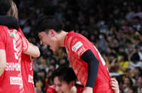 This picture taken on May 5, 2025, shows Japanese volleyball player Rui Takahashi celebrating with his younger brother Ran Takahashi (C) of Suntory during their Japan’s SV league match. Rui Takahashi came out as gay on September 29, 2026, saying he wanted to help others struggling with their sexuality in a country where openly LGBTQ athletes are extremely rare.