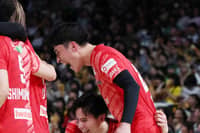 This picture taken on May 5, 2025, shows Japanese volleyball player Rui Takahashi celebrating with his younger brother Ran Takahashi (C) of Suntory during their Japan’s SV league match. Rui Takahashi came out as gay on September 29, 2026, saying he wanted to help others struggling with their sexuality in a country where openly LGBTQ athletes are extremely rare.