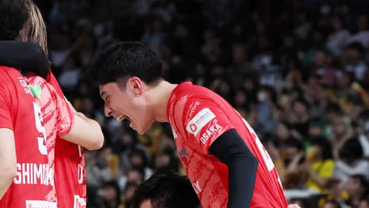 This picture taken on May 5, 2025, shows Japanese volleyball player Rui Takahashi celebrating with his younger brother Ran Takahashi (C) of Suntory during their Japan’s SV league match. Rui Takahashi came out as gay on September 29, 2026, saying he wanted to help others struggling with their sexuality in a country where openly LGBTQ athletes are extremely rare.