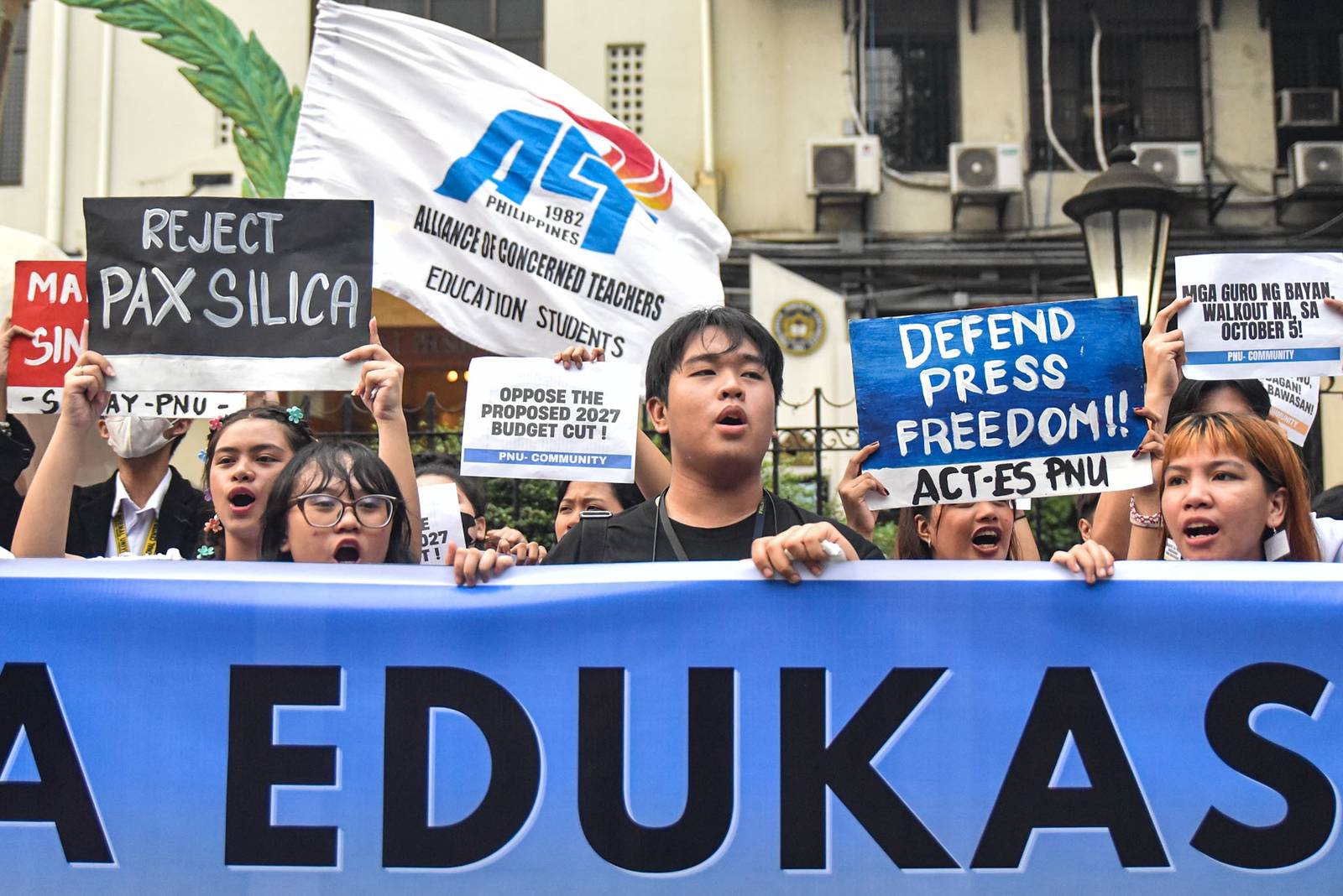 Student-teachers from progressive groups at the Philippine Normal University (PNU) call on the university administration and the Marcos Jr. government to provide livable wages for teachers and oppose budget cuts that they say affect student welfare during a protest in Manila on October 2.

The student-teachers are set to hold a walkout on October 5 in observance of World Teachers’ Day. l Zedrich Xylak Madrid