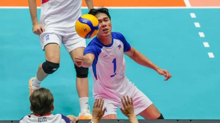 BRYAN Bagunas provides premium points in leading Alas Pilipinas to a 25-19, 25-15, 23-25, 25-17 win over Uzbekistan in the consolation round of the men’s volleyball competition of the 20th Asian Games.