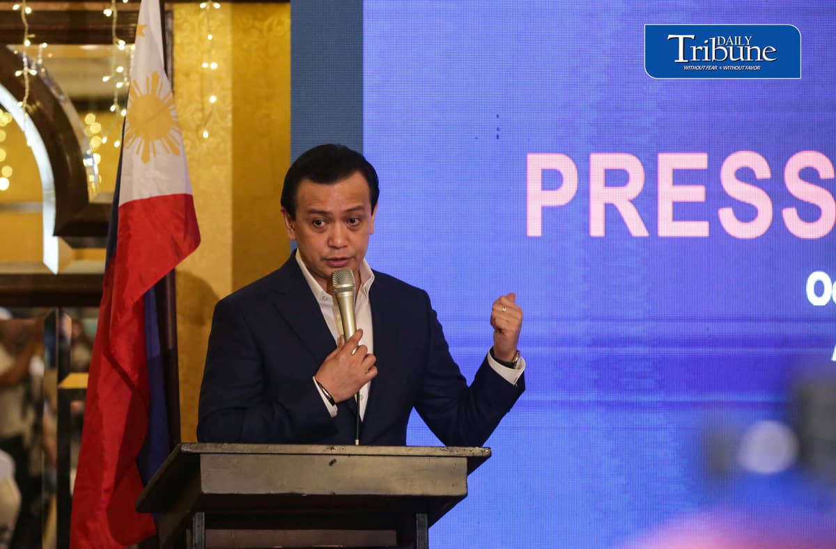TRILLANES PRESENTS ALLEGED DUTERTE MONEY TRAIL
Former senator Antonio “Sonny” Trillanes IV holds a press conference at Club Filipino in San Juan City on Friday, 2 October, where he presented alleged financial transactions involving Vice President Sara Duterte, Davao City Rep. Paolo Duterte, Davao City Mayor Sebastian Duterte and businessman Sammy Uy. 

Trillanes also alleged that a company linked to Sara Duterte’s husband, Manases Carpio, received more than ₱319 million from the Chinese government and Chinese corporations. The allegations have yet to be established in court.
| Analy Labor