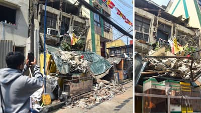 CITY emergency responders cordon off the site of a two-story residential building following a structural collapse along Sevilla Street in Barangay 272, Binondo, Manila, on Thursday. Five people were inside or near the attached storefront when a portion of the building gave way, leaving two hospitalized for minor injuries.