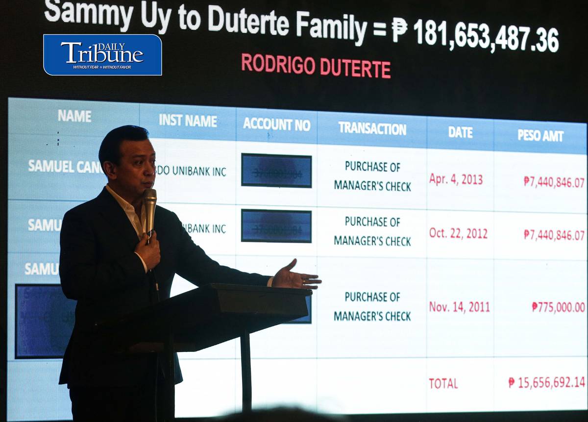 TRILLANES PRESENTS ALLEGED DUTERTE MONEY TRAIL
Former senator Antonio “Sonny” Trillanes IV holds a press conference at Club Filipino in San Juan City on Friday, 2 October, where he presented alleged financial transactions involving Vice President Sara Duterte, Davao City Rep. Paolo Duterte, Davao City Mayor Sebastian Duterte and businessman Sammy Uy. 

Trillanes also alleged that a company linked to Sara Duterte’s husband, Manases Carpio, received more than ₱319 million from the Chinese government and Chinese corporations. The allegations have yet to be established in court.
| Analy Labor