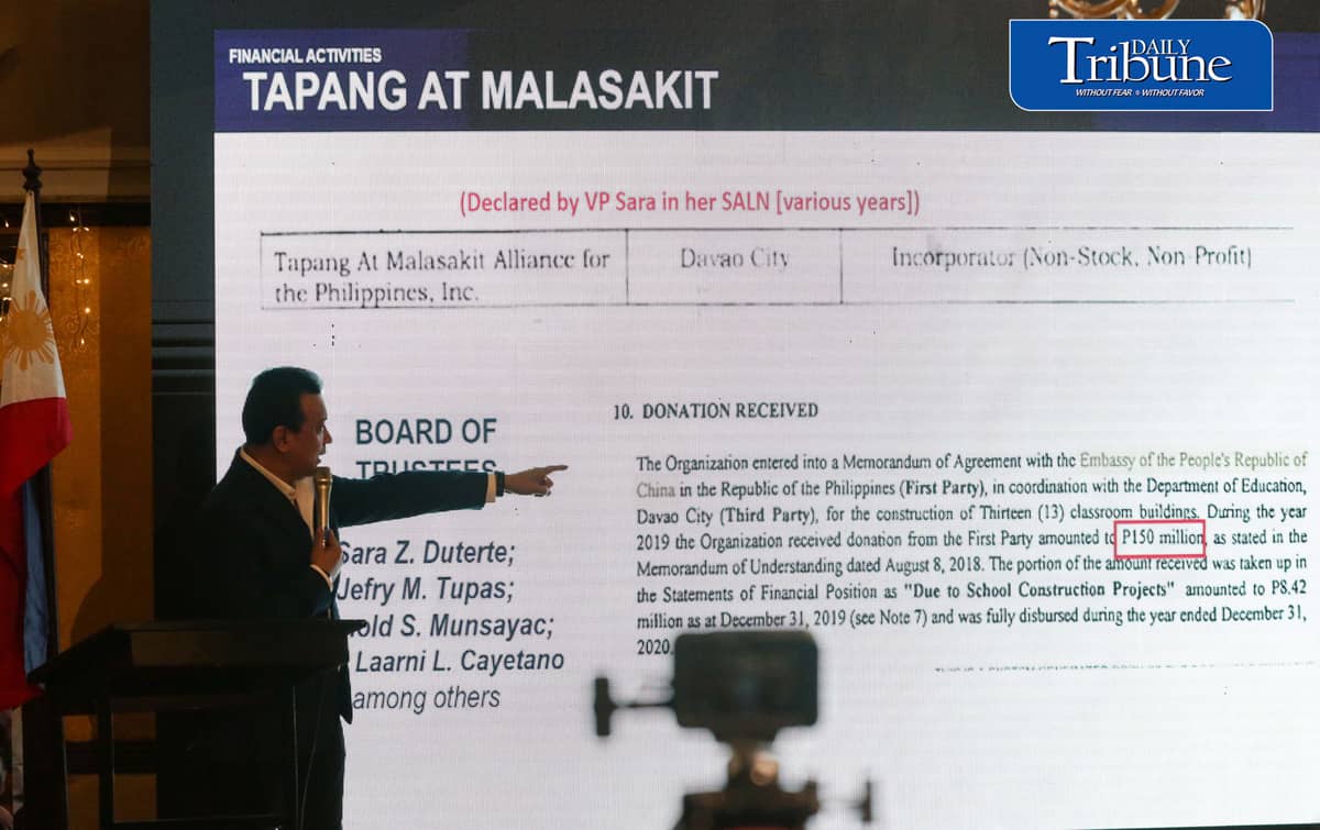 TRILLANES PRESENTS ALLEGED DUTERTE MONEY TRAIL
Former senator Antonio “Sonny” Trillanes IV holds a press conference at Club Filipino in San Juan City on Friday, 2 October, where he presented alleged financial transactions involving Vice President Sara Duterte, Davao City Rep. Paolo Duterte, Davao City Mayor Sebastian Duterte and businessman Sammy Uy. 

Trillanes also alleged that a company linked to Sara Duterte’s husband, Manases Carpio, received more than ₱319 million from the Chinese government and Chinese corporations. The allegations have yet to be established in court.
| Analy Labor