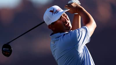 RICO Hoey plays his shot from the fourth tee during the opening round of the 2026 Bank of Utah Championship at Black Desert Resort in Ivins, Utah, on Friday.