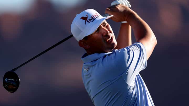 RICO Hoey plays his shot from the fourth tee during the opening round of the 2026 Bank of Utah Championship at Black Desert Resort in Ivins, Utah, on Friday.