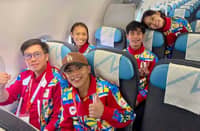 MEDALISTS Carlo Paalam of boxing (front row, right), Jeus Yape (second row, right), Tachiana Mangin (second row, left) and Juliana Candelaria (third row) of taekwondo are part of the last batch of Filipino athletes who flew out of Nagoya following a successful stint in the 20th Asian Games. Also shown is POC officer Raymund Flores.