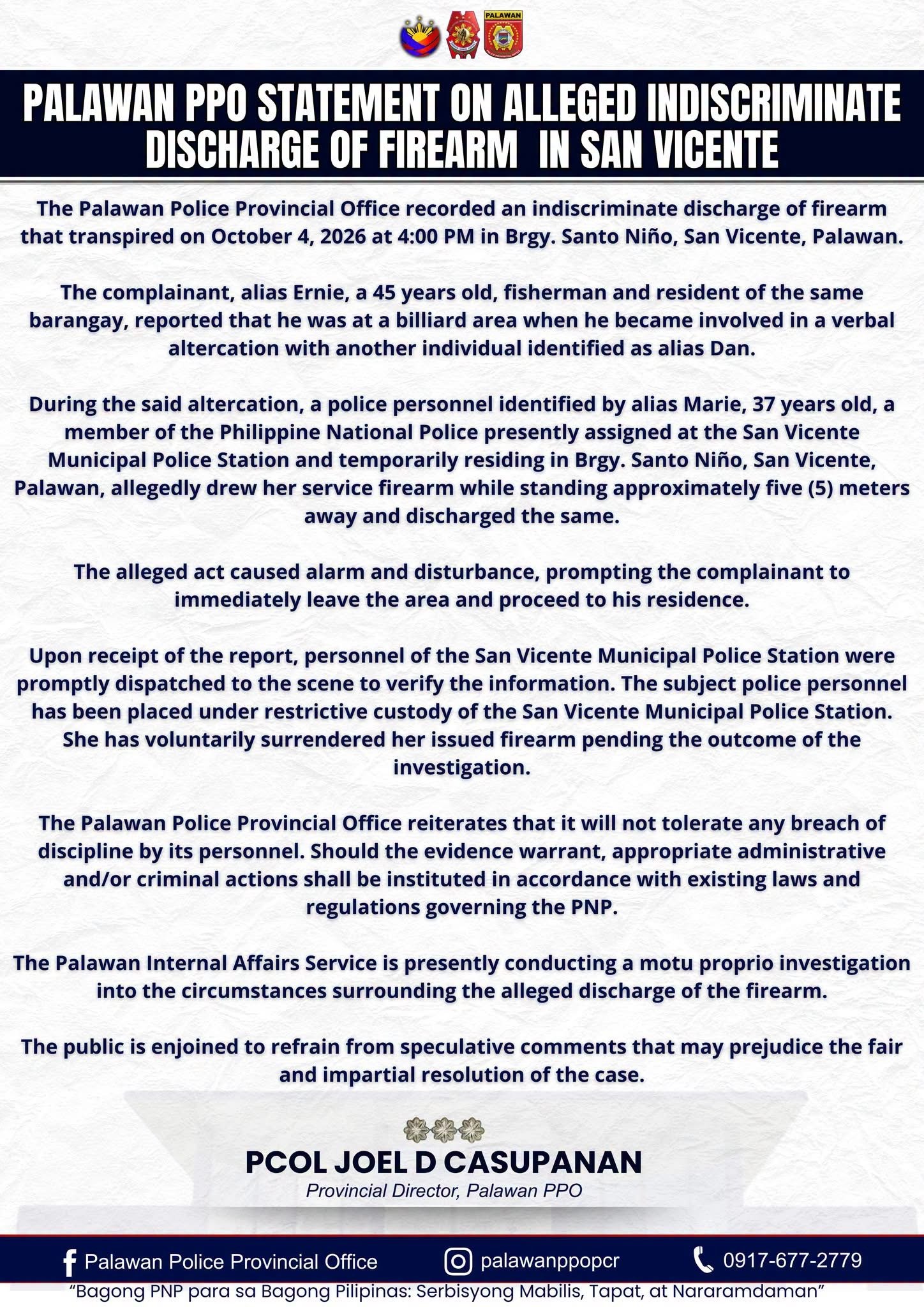 Palawan policewoman under restrictive custody over alleged gunfire in San Vicente