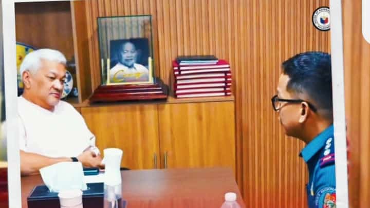 Top: Rep. Carmelo “Pogi” Lazatin Jr. in discussion with Angeles City Police Office Director PCol. Robert Domingo during the latter’s visit to Lazatin’s office on August 4, 2026. Bottom: Edward, the friendly dog who was allegedly abused inside a college campus in Angeles City.
