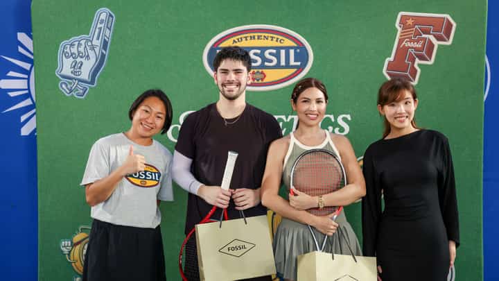 FRIENDS of the Brand winners Gianluca Gardini and Genevive Luna receive their awards from Fanny Choi, Manager for APAC Distribution and Yoyo Lau, Marketing Manager for Integrated Marketing APAC during the Fossil tennis event recently at the Tennis Hall of the Rizal Memorial Sports Complex.